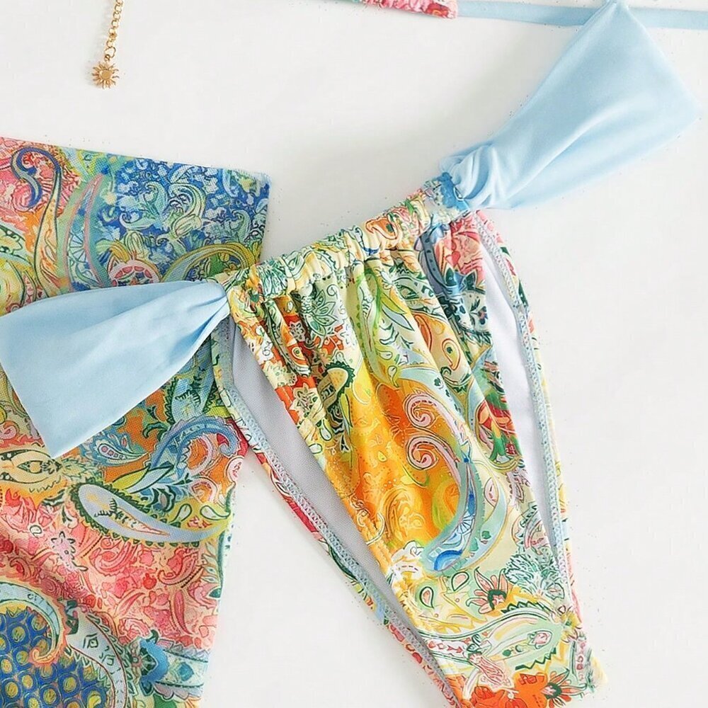 Multicolor Boho Women's Paisley Print Lightweight 3-Piece Bikini Set - Picture 5 of 6